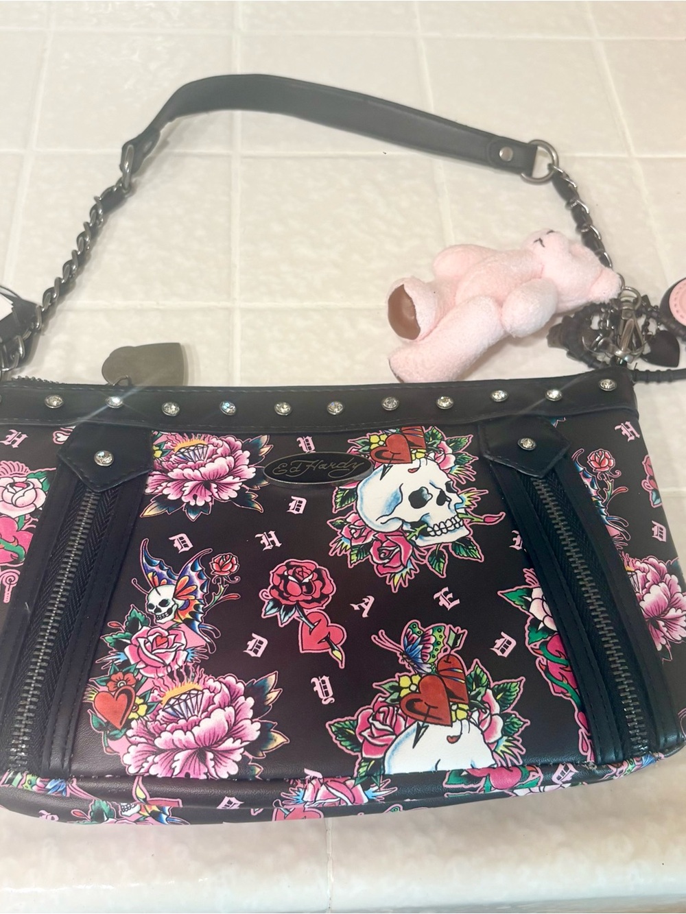 Ed Hardy Black Shoulder Bag with Pink Floral & Skull Print NWT